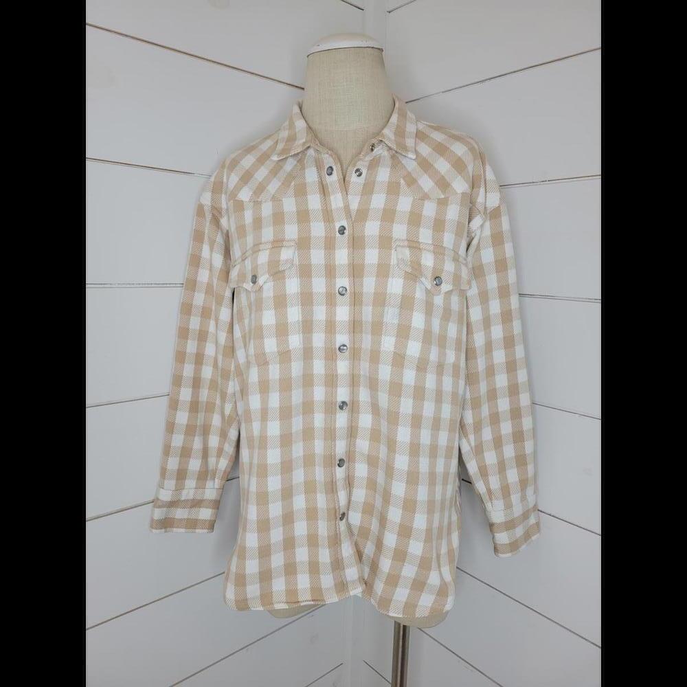 J Crew small tan and white plaid cotton shacket